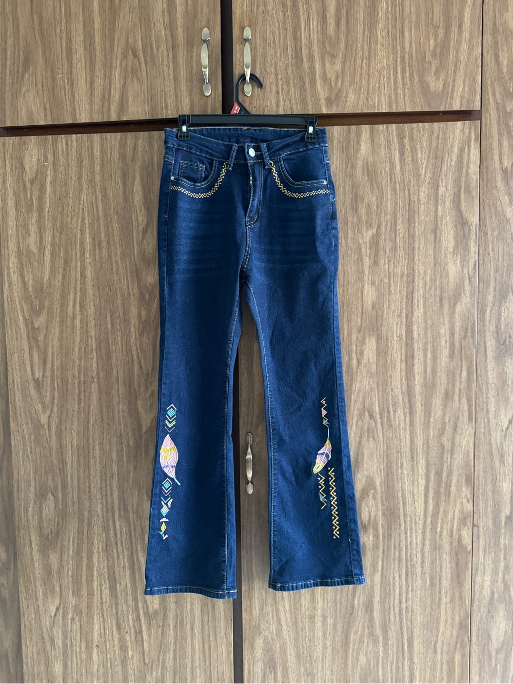 Women’s Dark Blue Western Inspired, Embroidered Flare Jeans